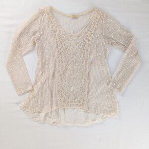 M Made In Italy Cream Sheer Knit V Neck Detailed Long Sleeve Bohemian Top